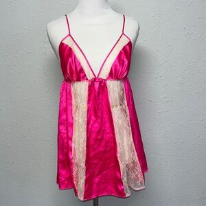 Victoria’s Secret Neon Pink Satin Lace Panel Babydoll Lingerie Chemise Barbie